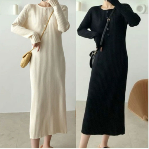 니트원피스 롱 골지 라인 키작녀 겨울 가을 여행룩 결혼식하객룩 블랙