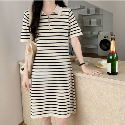여름 휴양지 반팔 카라 니트 테니스 미디 스트라이프 면원피스