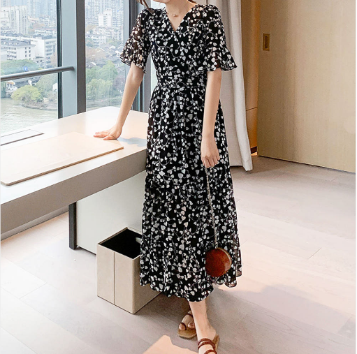 블랙 플라워 롱원피스 여름 비치 휴가룩